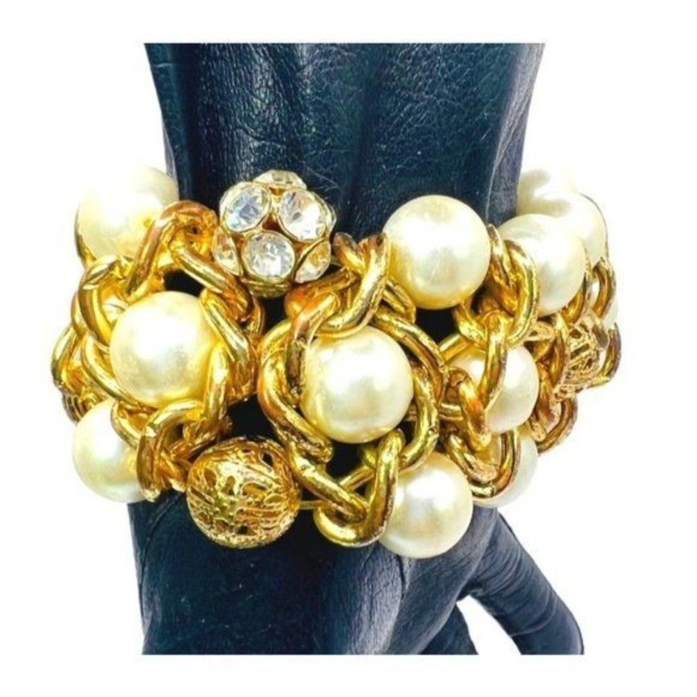 Wide Faux Pearls Crystal Goldtone Weaved Link Stretch Cuff Bridal Mother o Bride - Picture 9 of 10